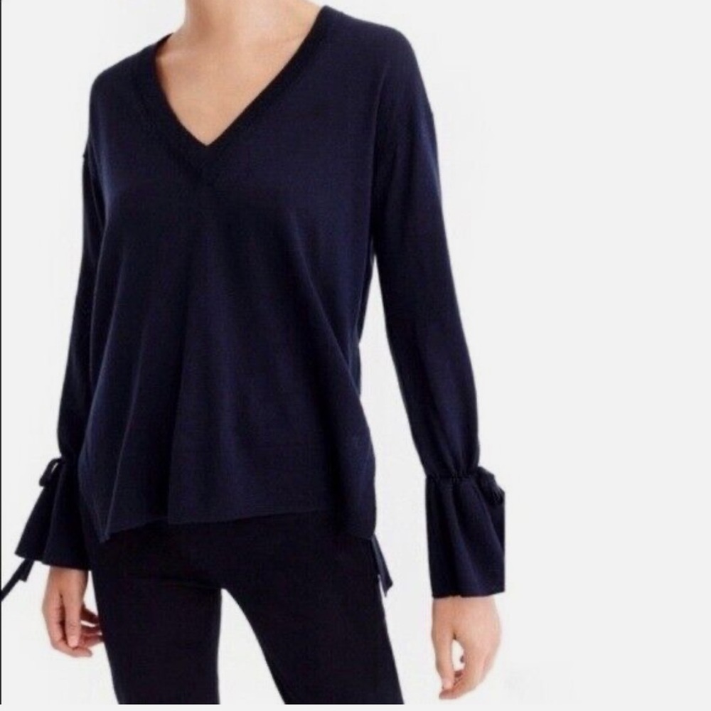 J.Crew 100% Merino Wool V-Neck Tie Bell Sleeve Pullover Sweater‎